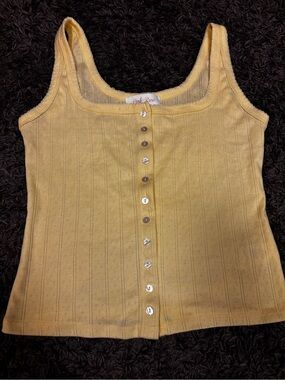 Pink Rose Yellow Ribbed Button Front Tank Top Pointelle Knit NWOT Medium